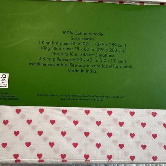 NWT Kate Spade King Sheet Set (4pc) - Pink Hearts Design, 100% Cotton Percale - Picture 6 of 6